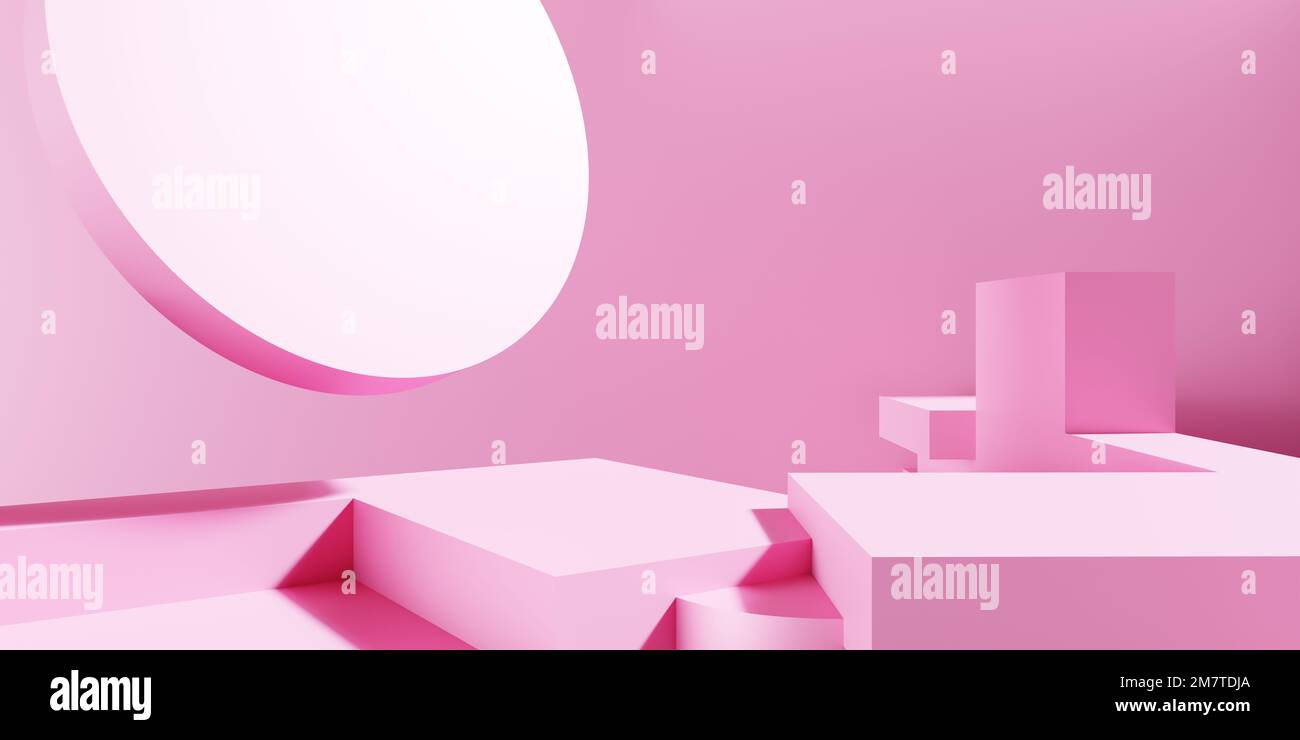 3d rendering of empty pink podium abstract geometric minimal background. Scene for advertising, cosmetic ads, showcase, presentation, technology Stock Photo