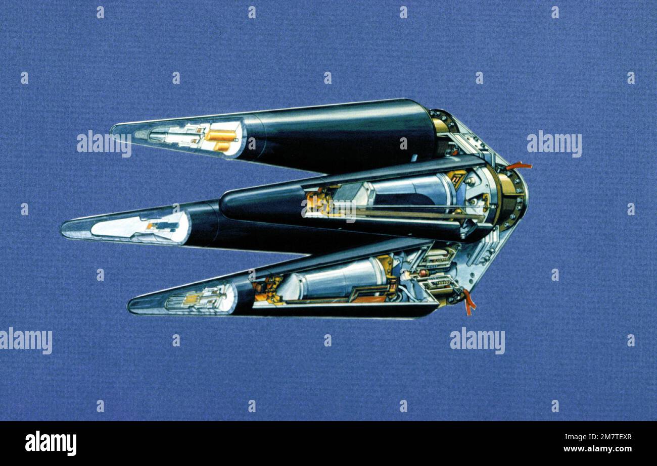 Cutaway drawing of a multiple independently-targetable re-entry vehicle (MIRV). Country: Unknown Stock Photo