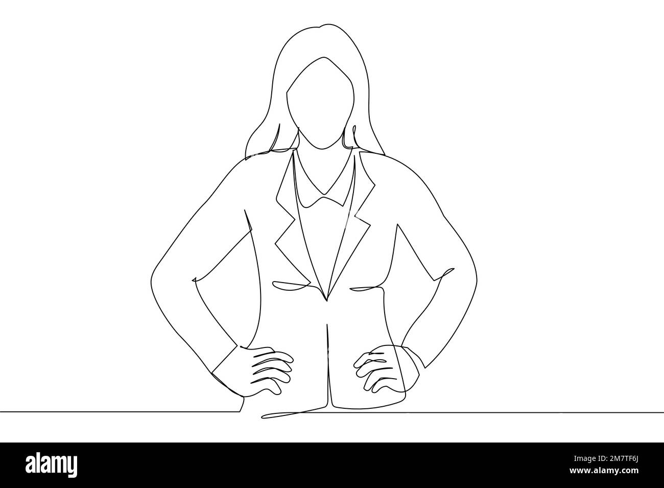 businesswoman in glasses looking satisfied, smiling and holding hands on waist. One line art style Stock Vector