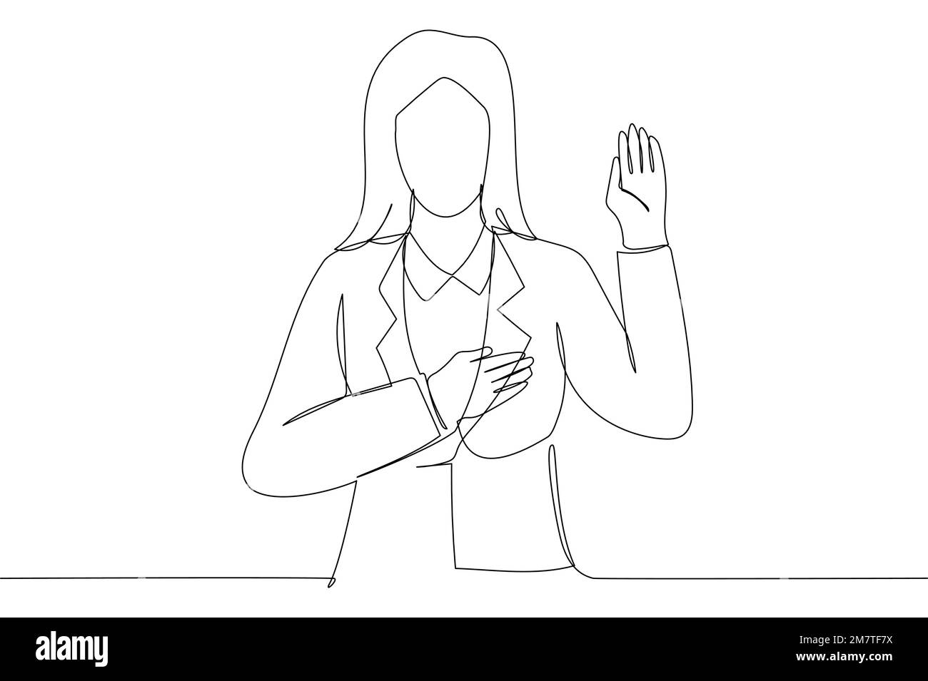 businesswoman making promise, pledge give oath. Single continuous line art style Stock Vector