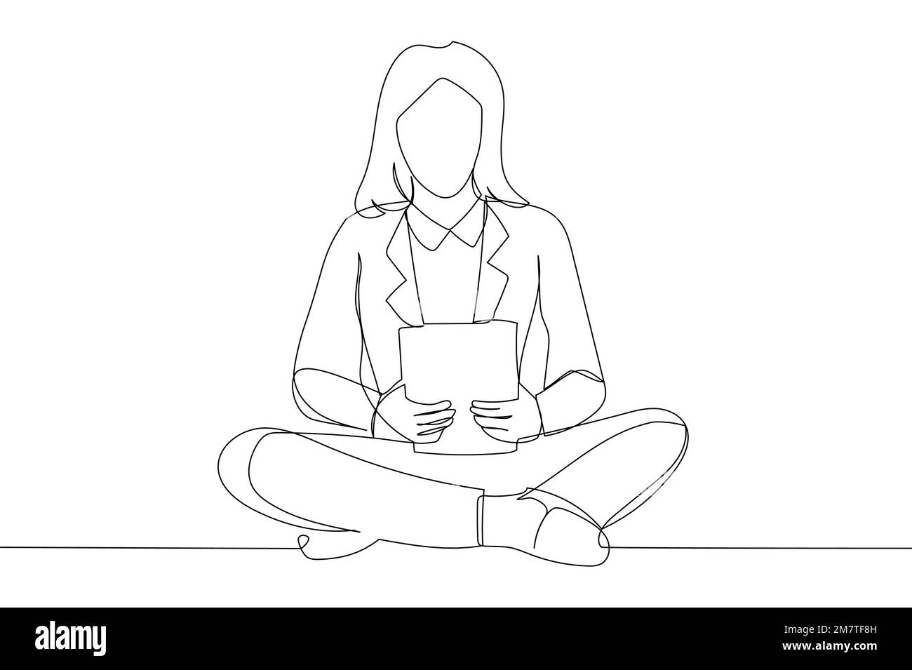 Drawing of worker meditating in lotus pose on the floor in the office. Single line art style Stock Vector