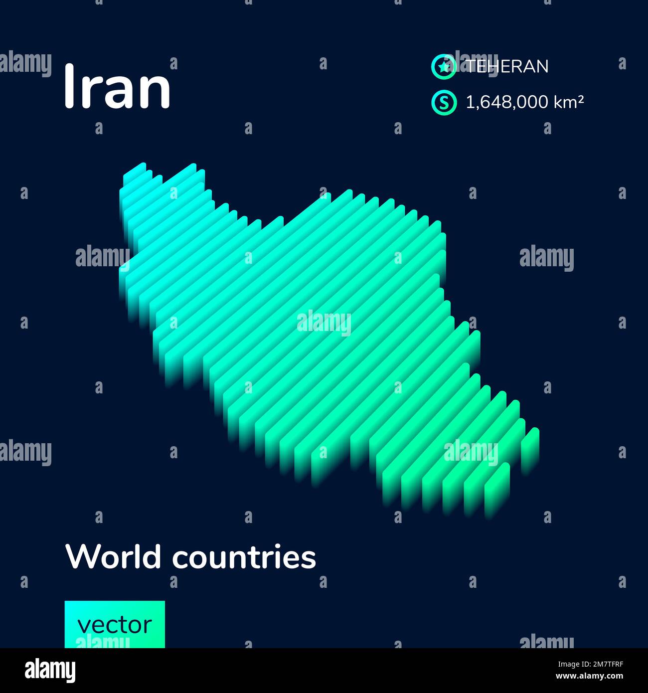 Iran 3D map. Stylized neon simple digital isometric striped vector map of Iran is in green, turquoise and mint colors on the dark blue background Stock Vector