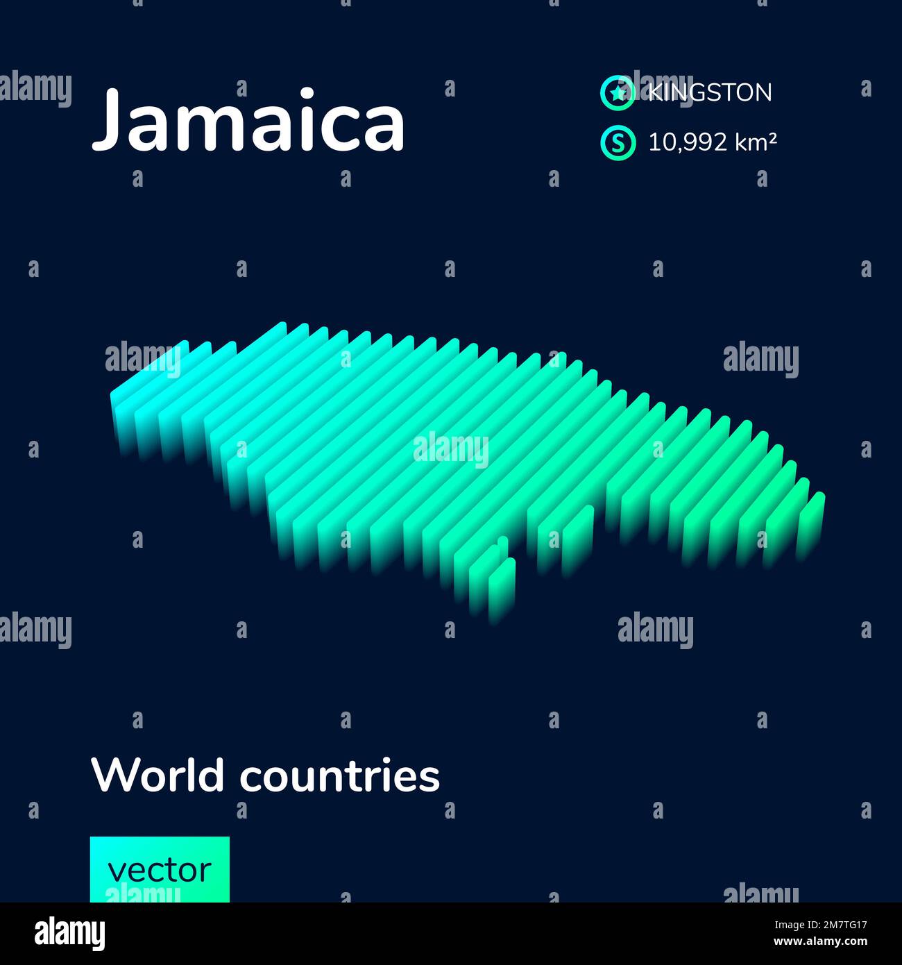 Stylized isometric vector 3d map of Jamaica in neon mint turquoise