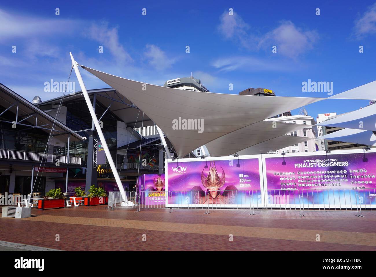 Forecourt of Wellington’s TSB Arena on a Sunny Morning during THE WORLD OF WEARABLE ART Show Stock Photo