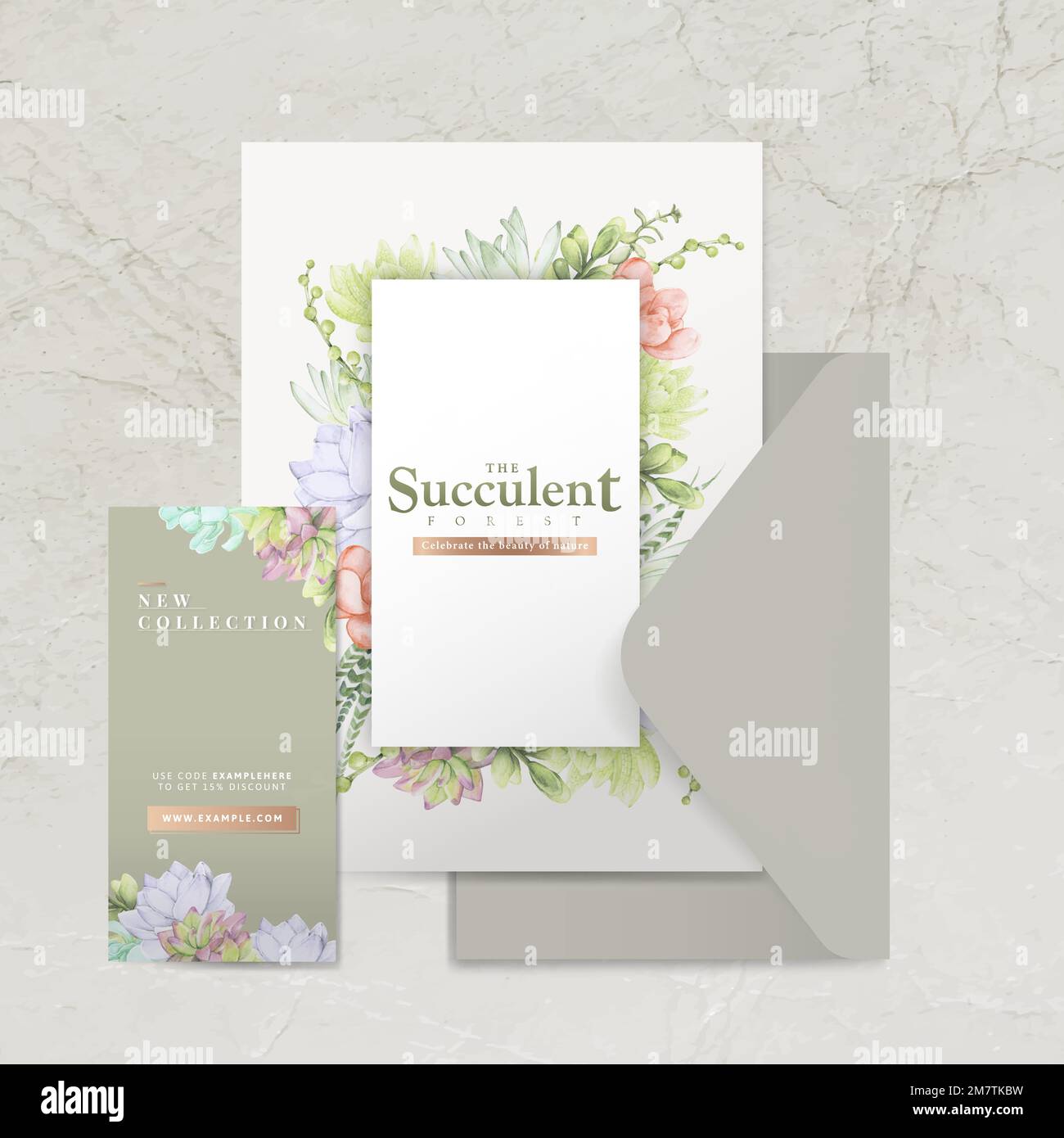 Hand drawn succulent themed envelope template vector set Stock Vector