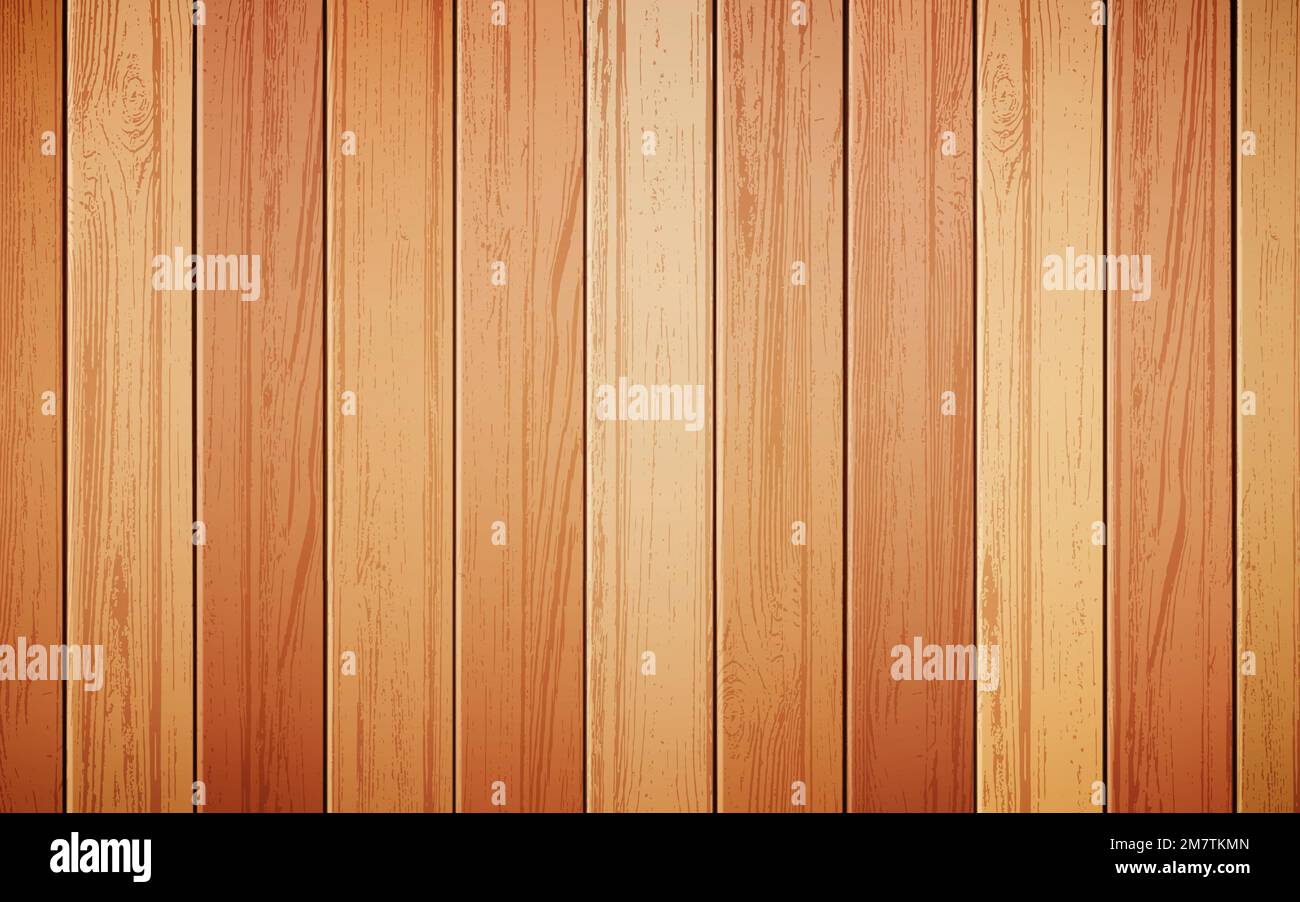 Wood background realistic vector illustration. Light brown boards with wooden texture, wall with vertical panels for natural design Stock Vector