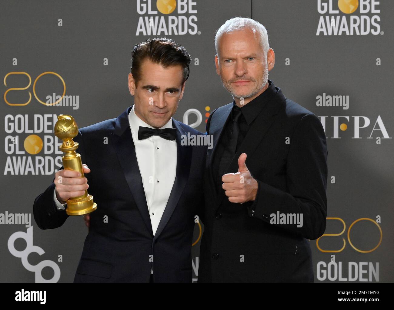 Beverly Hills, United States. 10th Jan, 2023. Colin Farrell and director Martin McDonagh appear backstage after winning the award for Best Musical/Comedy Series for 'The Banshees of Inisherin' during the 80th annual Golden Globe Awards at the Beverly Hilton in Beverly Hills, California on Tuesday, January 10, 2023. Photo by Jim Ruymen/UPI Credit: UPI/Alamy Live News Stock Photo