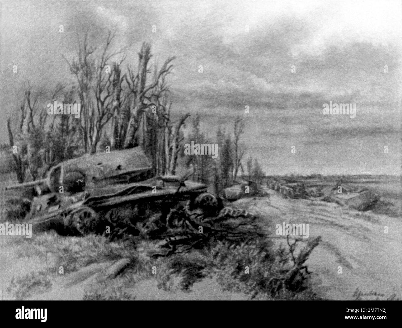 Artwork: 'Wrecked Tanks on a Road Near Leningrad' Artist: Fritz Vahle. Country: Unknown Stock Photo