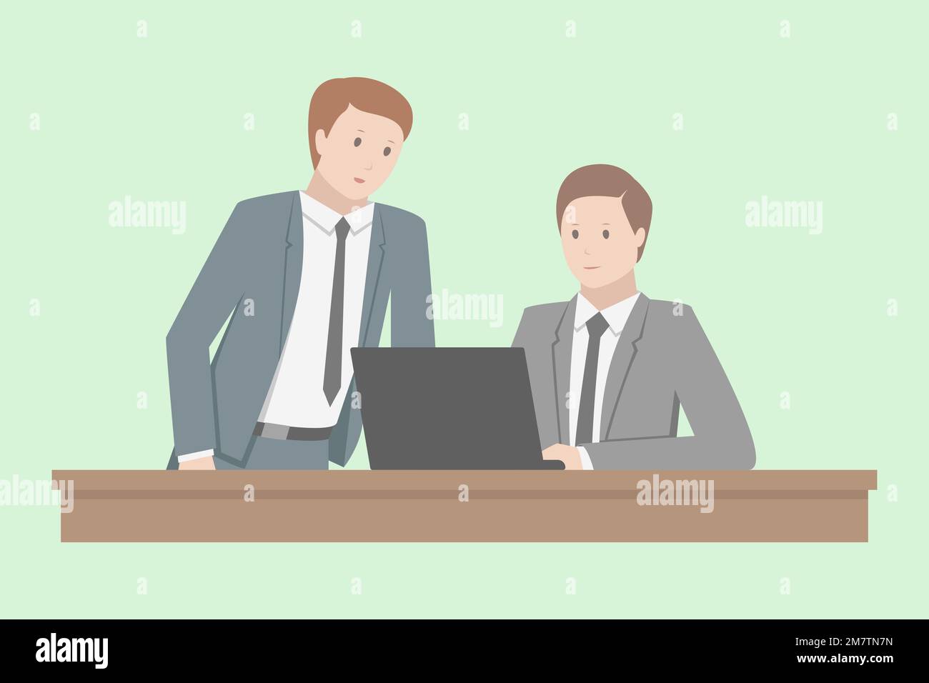 Two colleagues with laptop. White collars. Vector illustration. Stock Vector