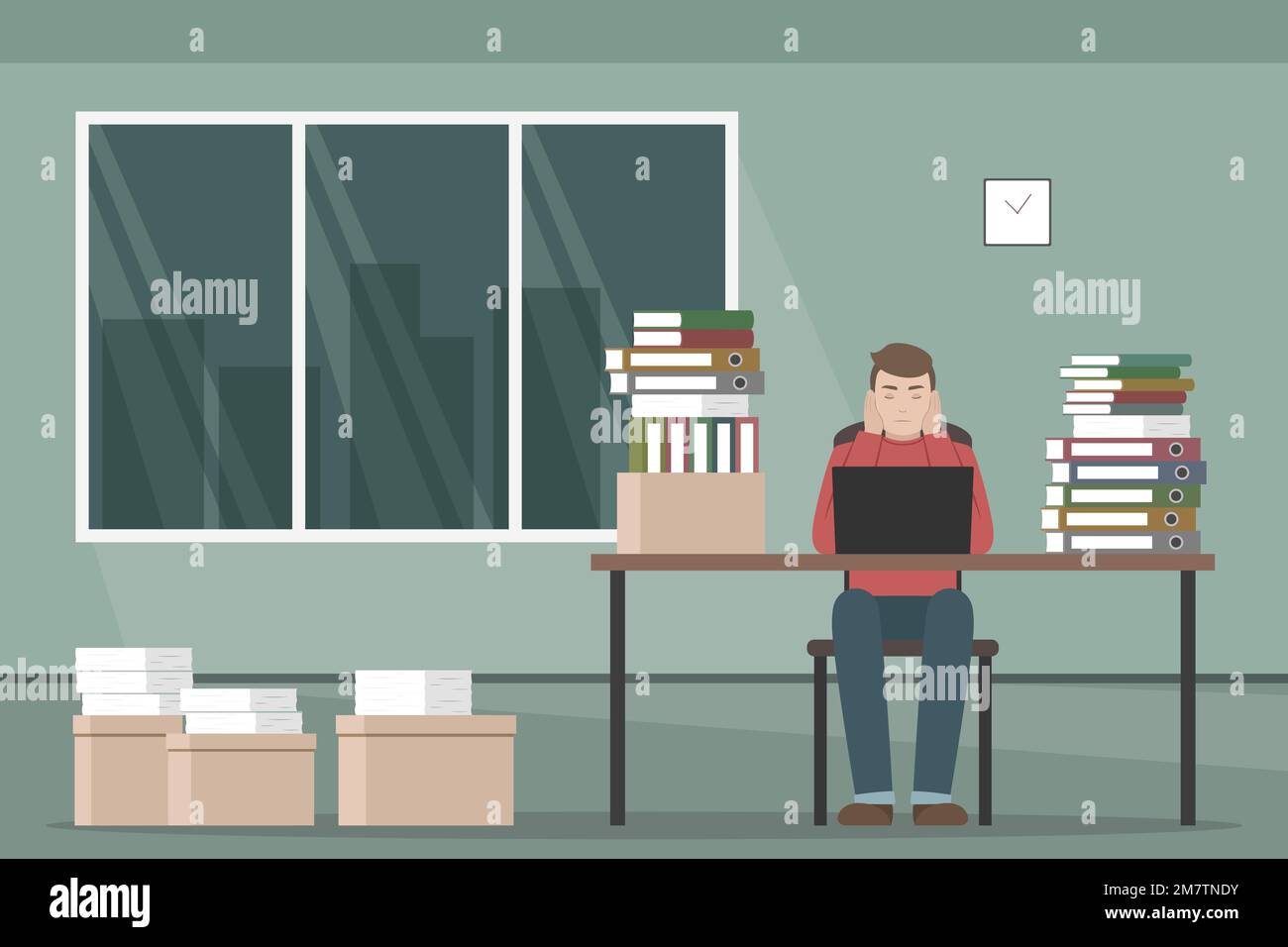 Lot of paperwork. Employee working on laptop. Vector illustration. Stock Vector