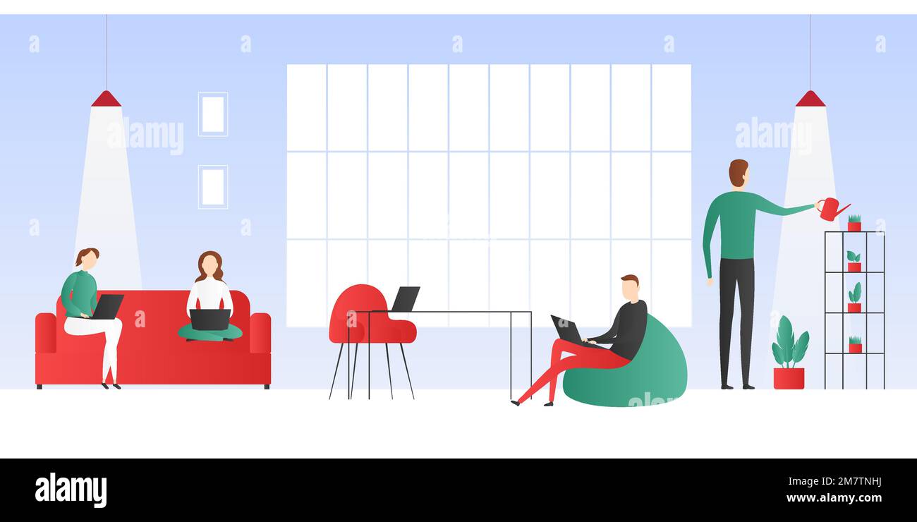 Employees working on laptops. Office routine. Vector illustration Stock ...