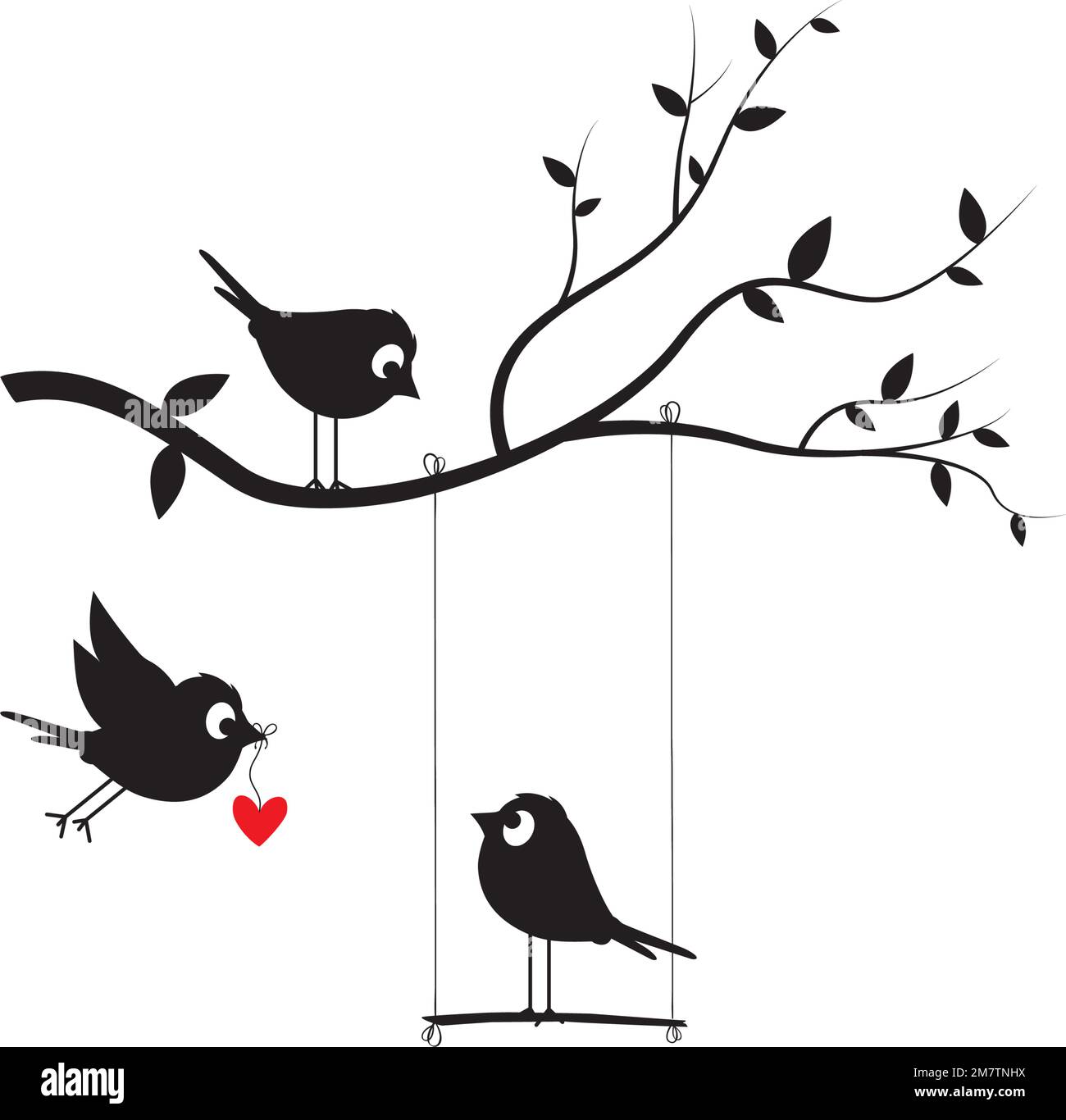 Bird on swing on branch and flying bird holding heart, vector. Fun cartoon art design