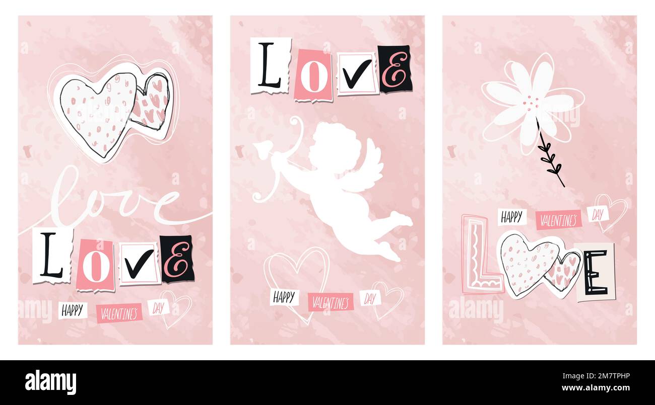 Happy Valentine's Day set of icons stencil black silhouette. Cute romance  love collection of design elements with cupid, heart, couple, pigeons,  diamond, butterfly, flowers. Vector illustration Stock Vector Image & Art 