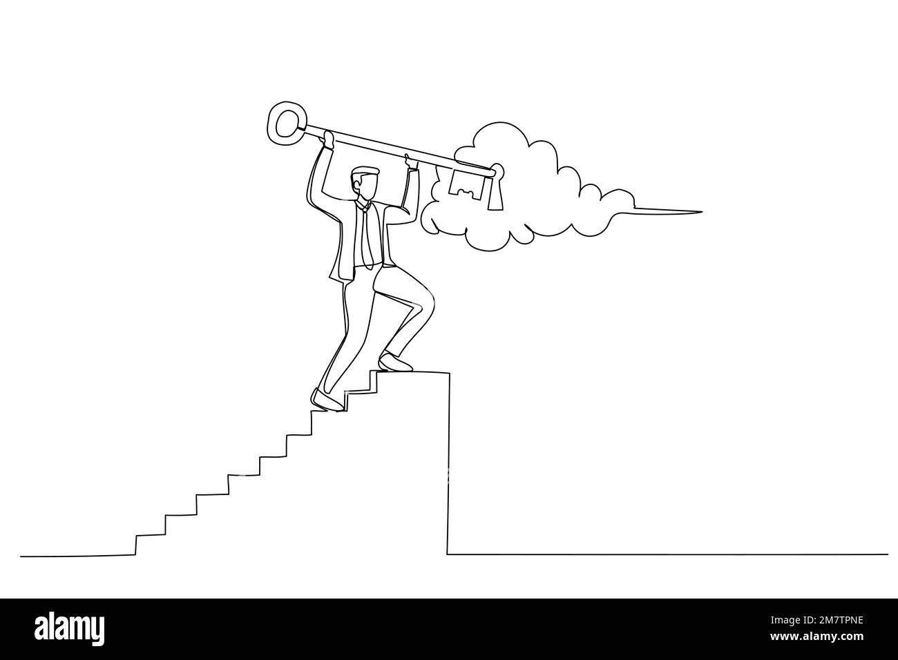 Drawing of businessman climb the stairs to put a key in its place as an business solution. Single line art style Stock Vector