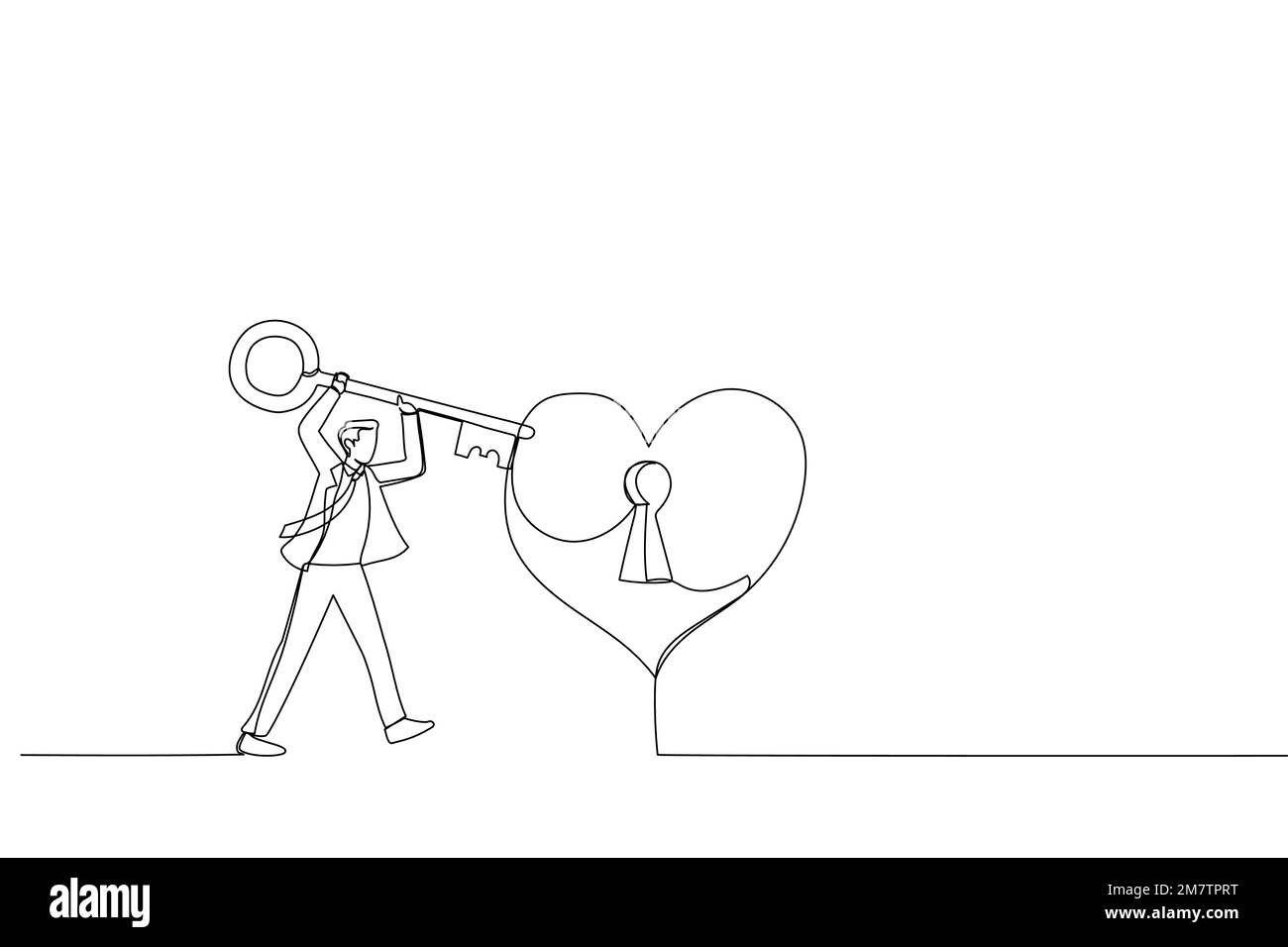 Drawing of man hand holding a big key for a woman's heart. Metaphor for love. Single line art style Stock Vector