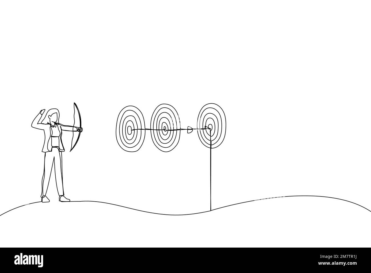 Cartoon of smart businesswoman archery hit multiple bullseye with single arrow. Metaphor for completed multiple tasks with single action. Single conti Stock Vector