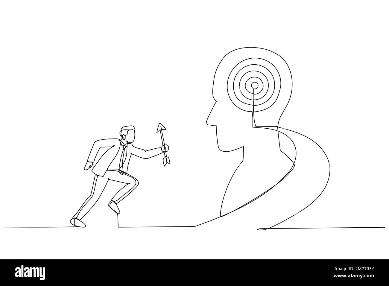Illustration of businessman hold arrow running up stairway to the target on human head. Metaphor