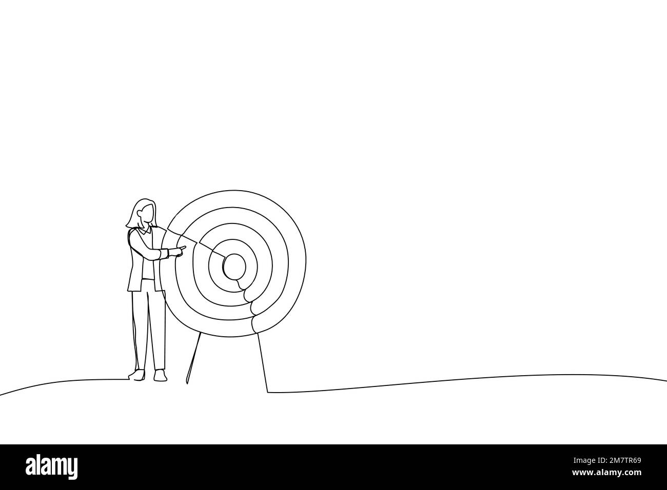 Illustration of businesswoman pointing to the big target. One line