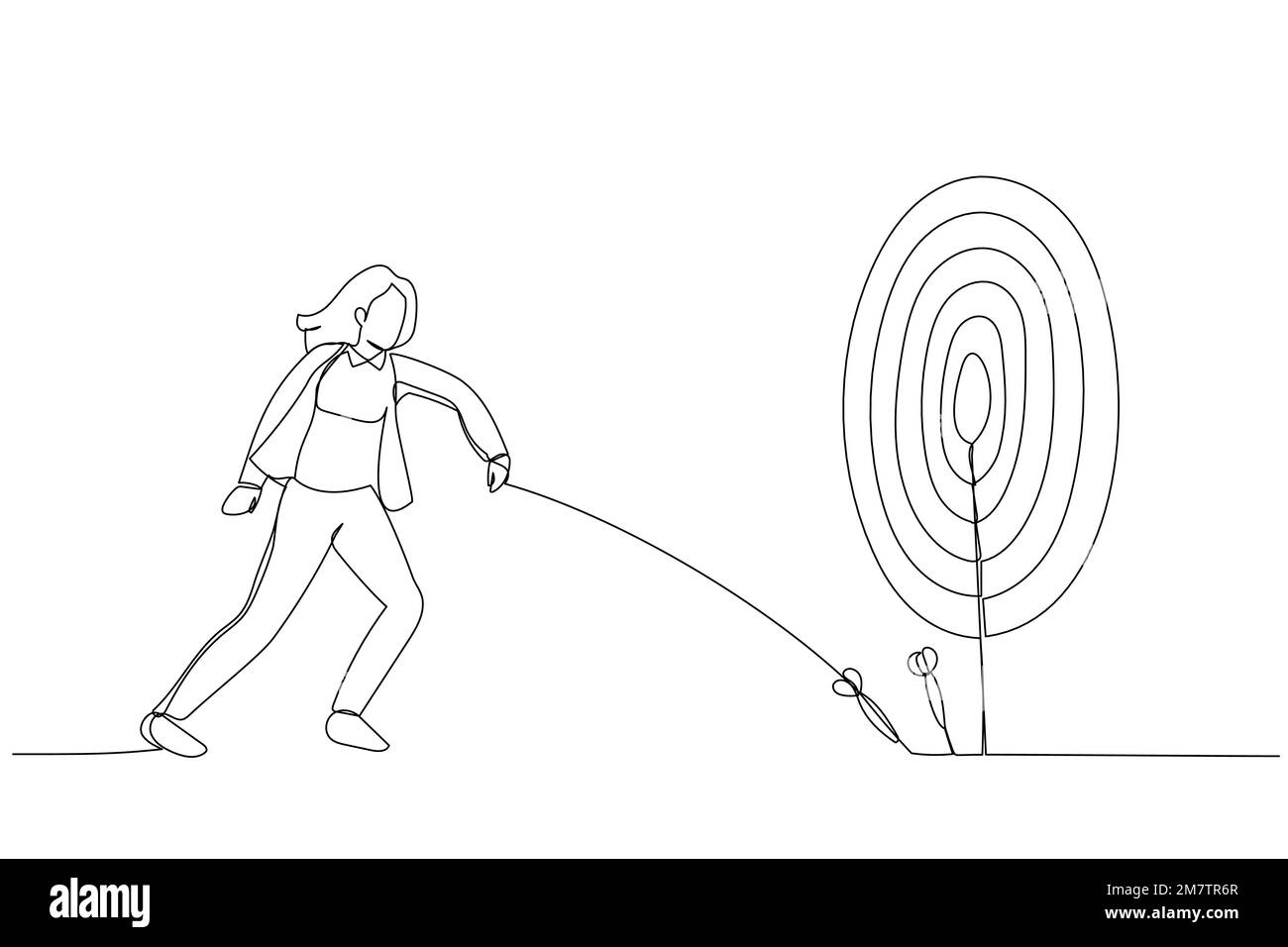 Drawing of businesswoman try to hit a target. Continuous line art style Stock Vector