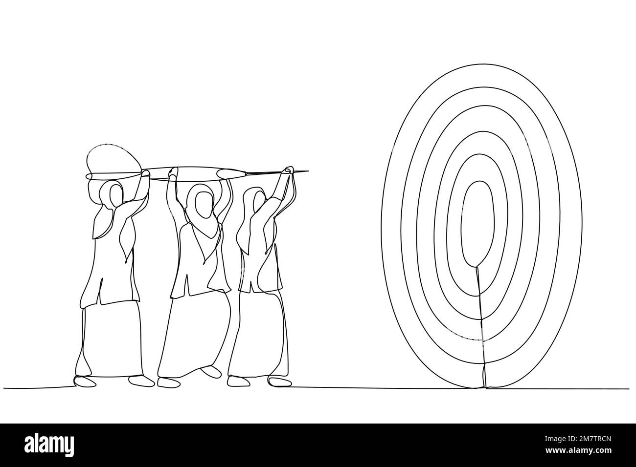 Illustration of businesswoman help holding dart aiming on bullseye target. Metaphor for team goal, teamwork collaboration. Single continuous line art Stock Vector