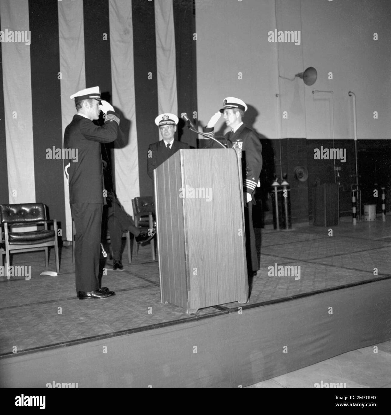 CAPT Stewart D. Langdon, right, relieves CAPT W. H. Bying, left, as commanding officer of the naval air station during a change-of-command ceremony. Base: Naval Air Station Whidbey Island State: Washington (WA) Country: United States Of America (USA) Stock Photo