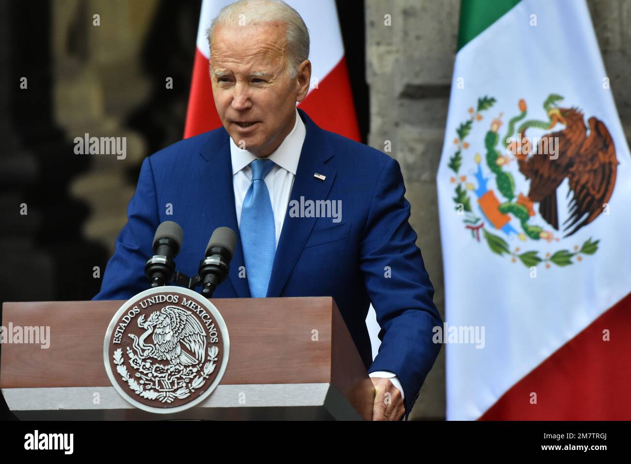 Mexico City, Mexico: January 10, 2023,  United States President, Joe Biden speaks during a briefing conference after meeting with Lopez Obrador and Justin Trudeau at 10th North American Leaders Summit in Mexico at National Palace on January 10, 2023 in Mexico City, Mexico. (Photo by Carlos Tischler/ Eyepix Group) Stock Photo