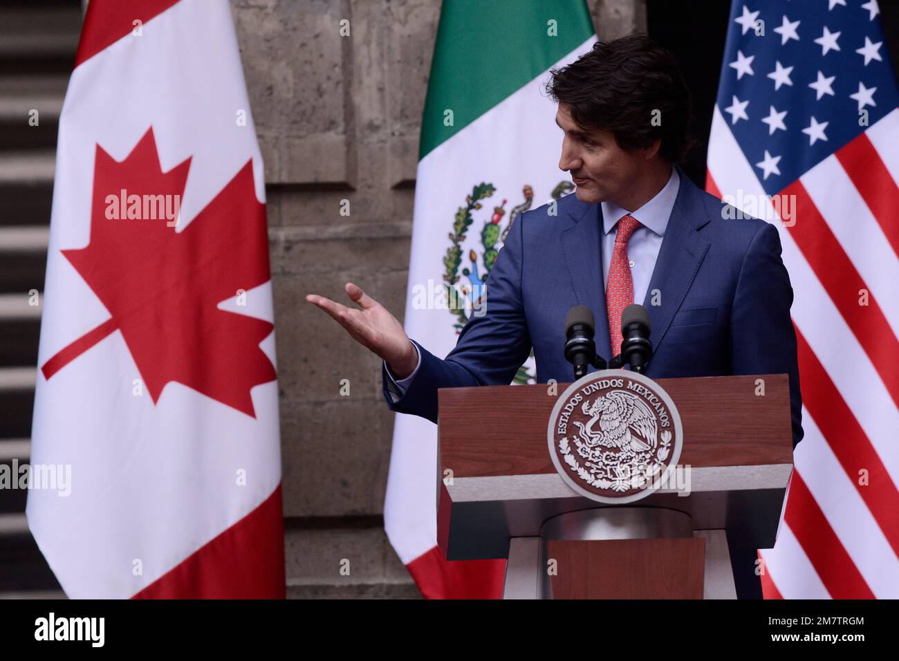 Mexico City, Mexico: January 10, 2023,  Prime Minister of Canada Justin Trudeau speaks during a briefing conference after meeting with Lopez Obrador and President Joe Biden at 10th North American Leaders Summit in Mexico at National Palace on January 10, 2023 in Mexico City, Mexico. (Photo by Carlos Tischler/ Eyepix Group) Stock Photo