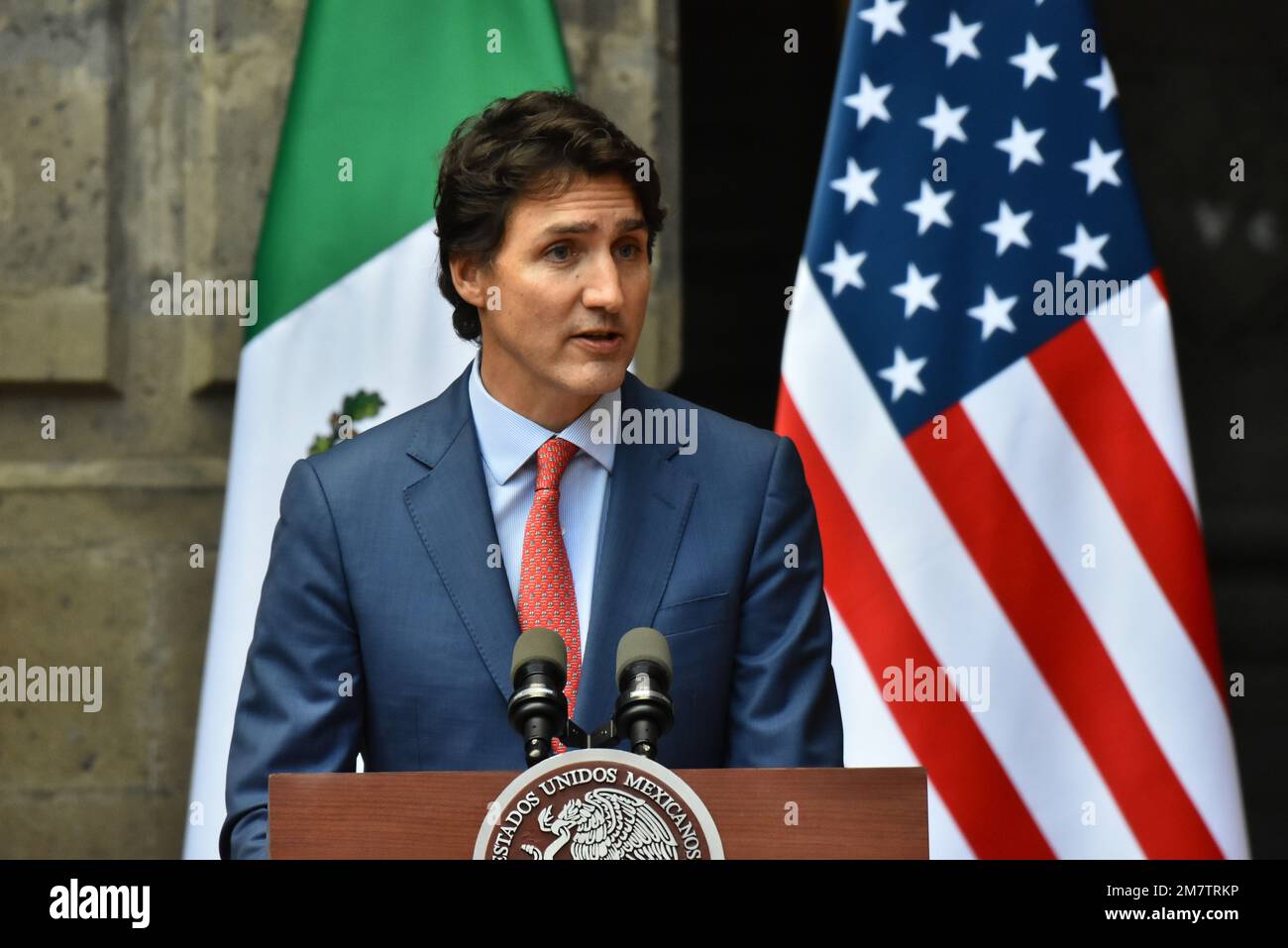 Mexico City, Mexico: January 10, 2023,  Prime Minister of Canada Justin Trudeau speaks during a briefing conference after meeting with Lopez Obrador and President Joe Biden at 10th North American Leaders Summit in Mexico at National Palace on January 10, 2023 in Mexico City, Mexico. (Photo by Carlos Tischler/ Eyepix Group) Stock Photo