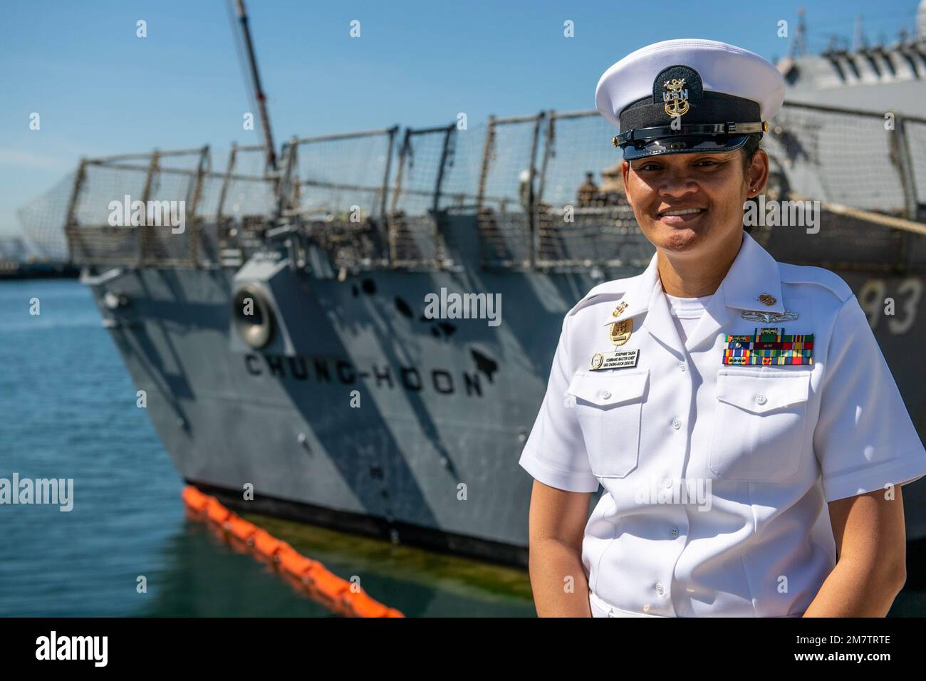 SAN DIEGO (May 13, 2022) – Command Master Chief of Arleigh Burke-class guided-missile destroyer USS Chung-Hoon (DDG 93) Josephine Tauoa, from American Samoa, poses for a photo to promote Asian American Pacific Islander Heritage Month. Chung-Hoon’s namesake, Gordon Chung-Hoon, was a Chinese-American Naval Academy graduate who was awarded the Navy Cross for his leadership as commanding officer of USS Sigsbee (DDG 502) during a World War II kamikaze attack in 1945. Stock Photo