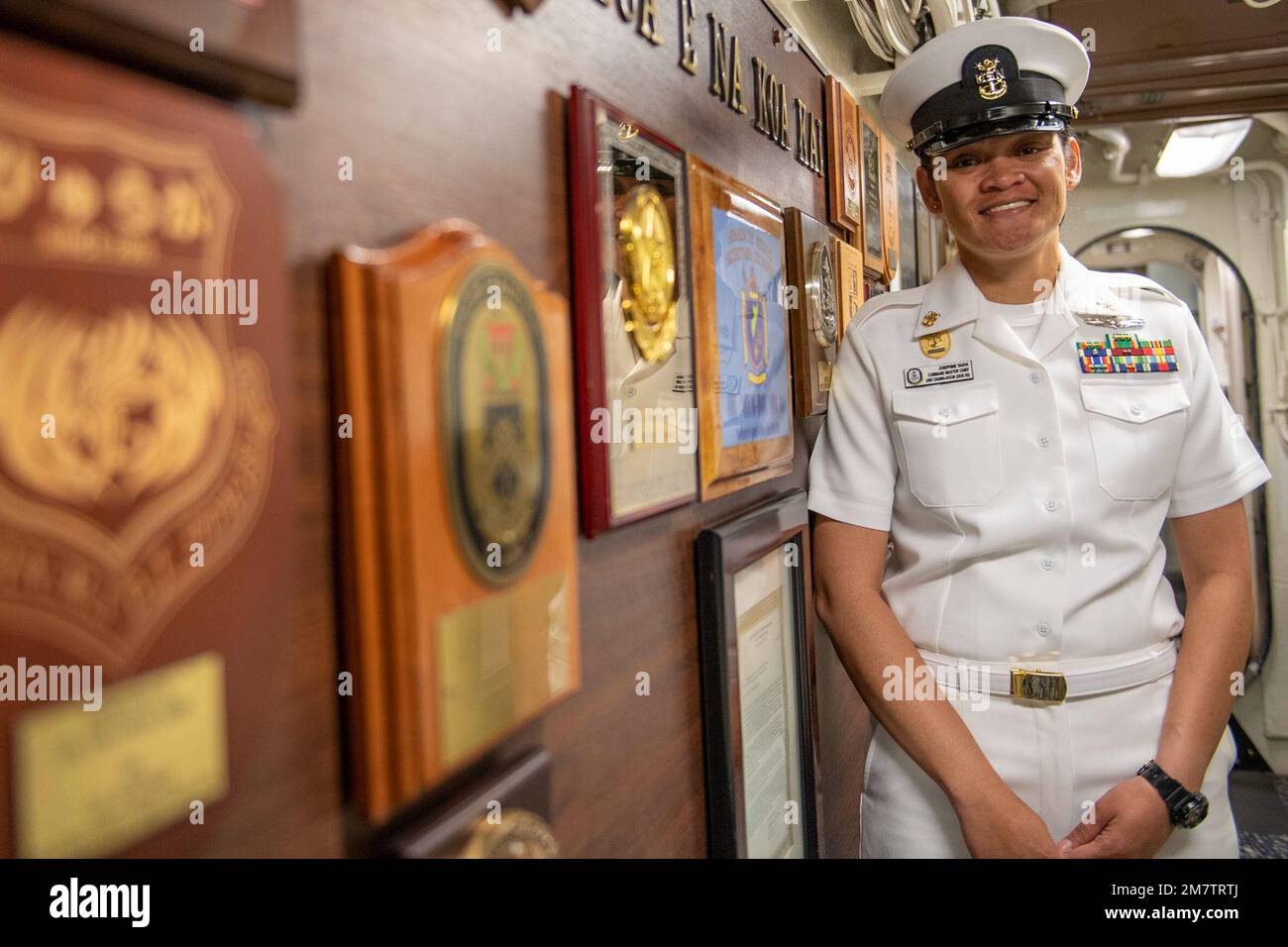 SAN DIEGO (May 13, 2022) – Command Master Chief of Arleigh Burke-class guided-missile destroyer USS Chung-Hoon (DDG 93) Josephine Tauoa, from American Samoa, poses for a photo to promote Asian American Pacific Islander Heritage Month. Chung-Hoon’s namesake, Gordon Chung-Hoon, was a Chinese-American Naval Academy graduate who was awarded the Navy Cross for his leadership as commanding officer of USS Sigsbee (DDG 502) during a World War II kamikaze attack in 1945. Stock Photo