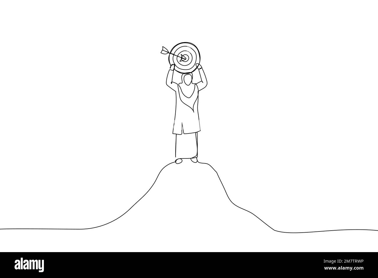 Cartoon of muslim businesswoman holding a target board on top of mountain. Metaphor for aim, objective and achievement. Continuous line art Stock Vector