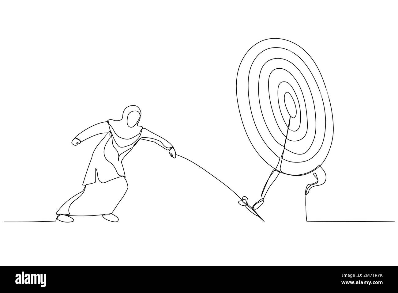 Cartoon of businesswoman try to hit a target. Single line art style Stock Vector