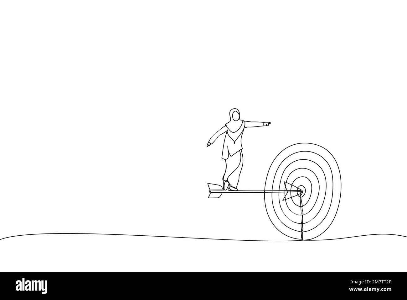 Cartoon of muslim businesswoman standing on the arrow hit the target