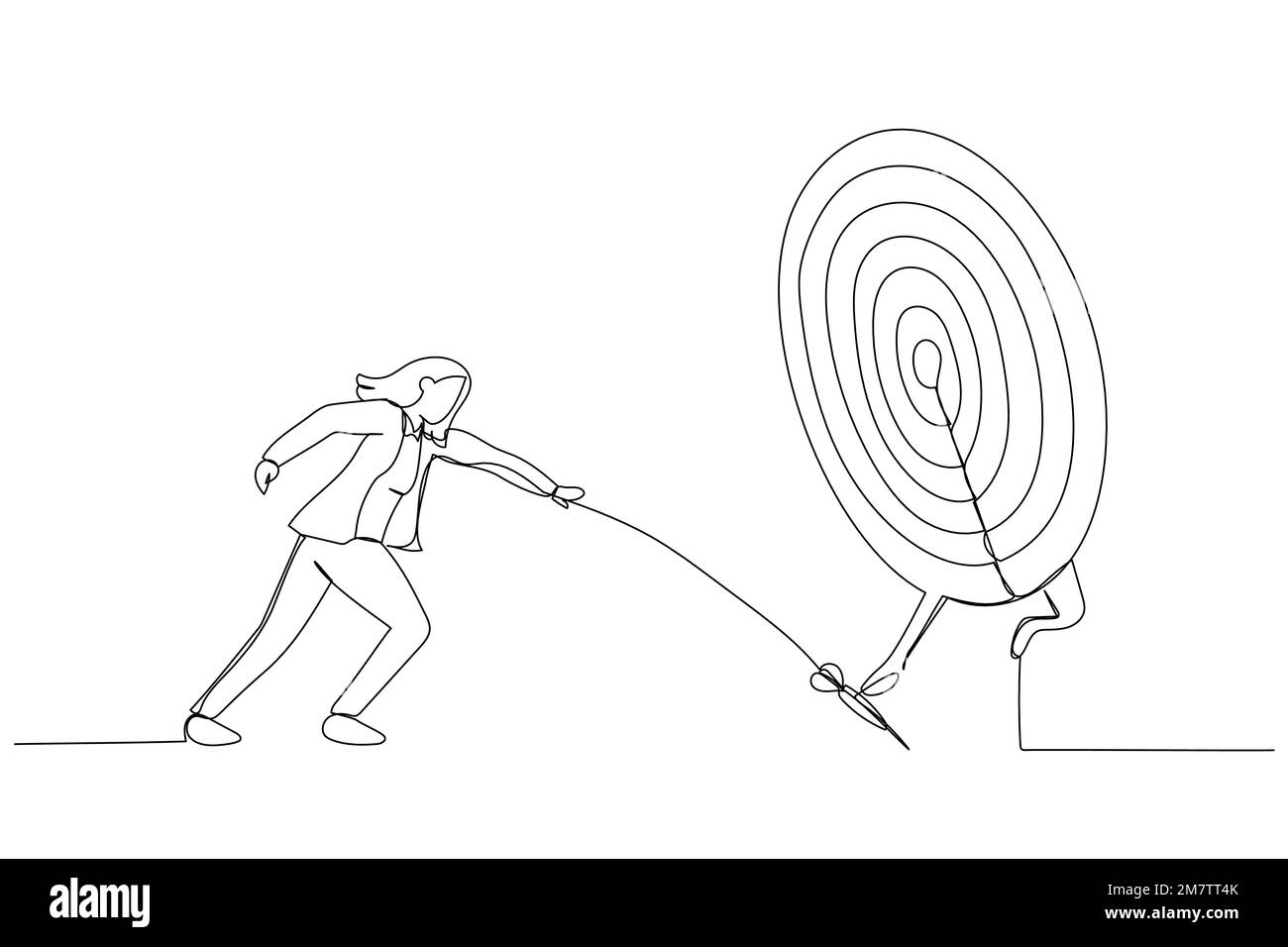 Cartoon of businesswoman try to hit a target. One continuous line art style Stock Vector