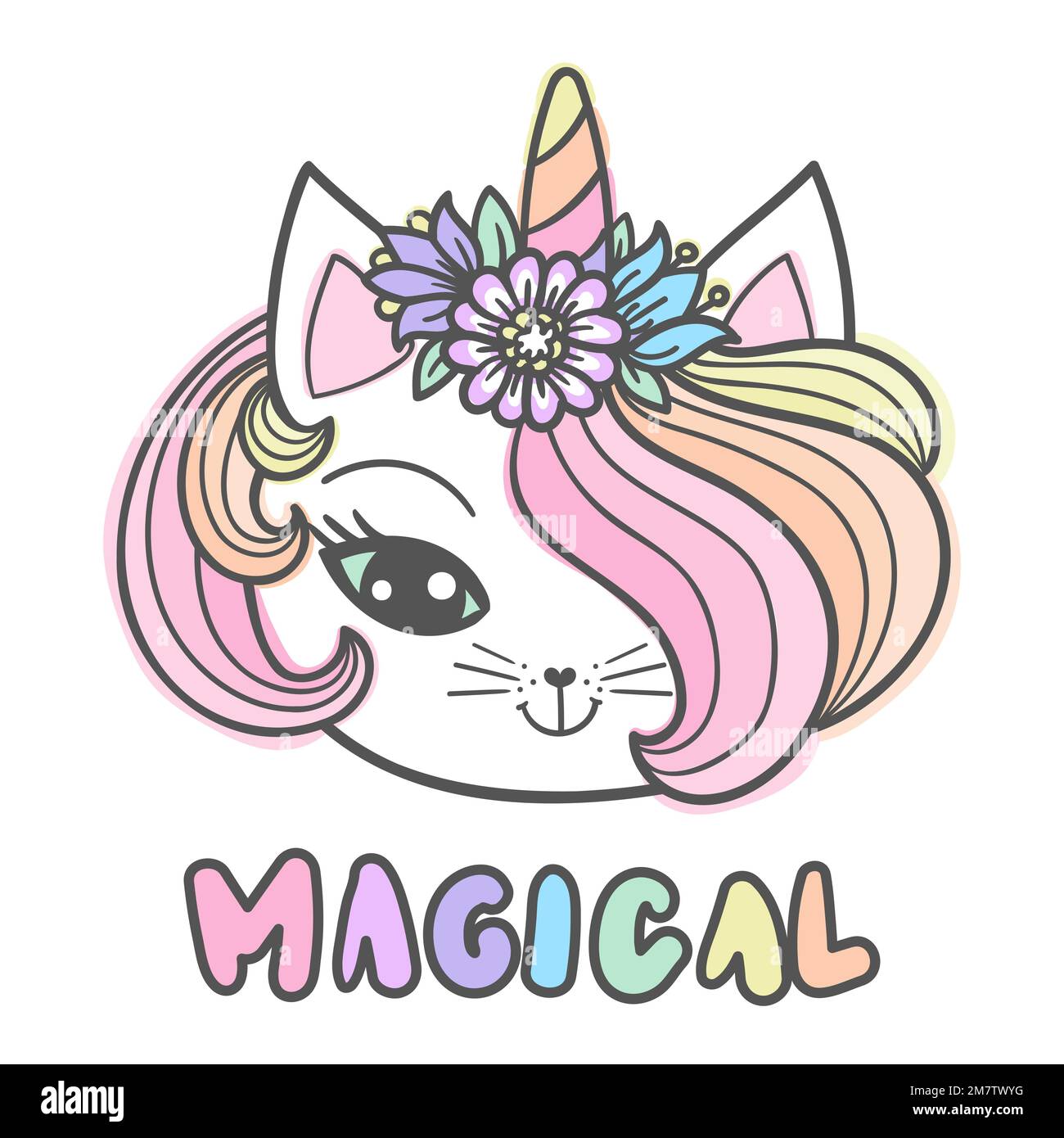 Unicorn cat head with flowers.Magic inscription. Doodle style. For children's design of prints, posters, cards, stickers, t-shirts, cups, etc. Vector Stock Vector