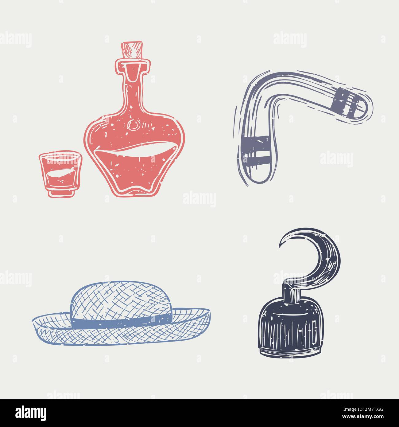 Chill pirate linocut vector cute design elements collection Stock Vector