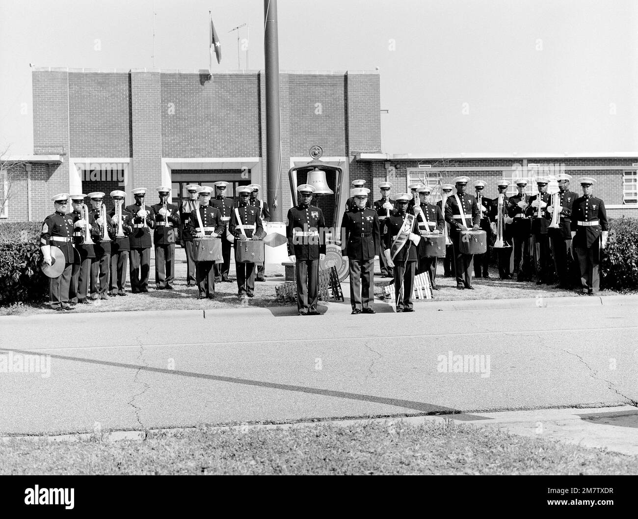 Members of the Marine Corps Logistics Base Drum and Bugle Corps pose