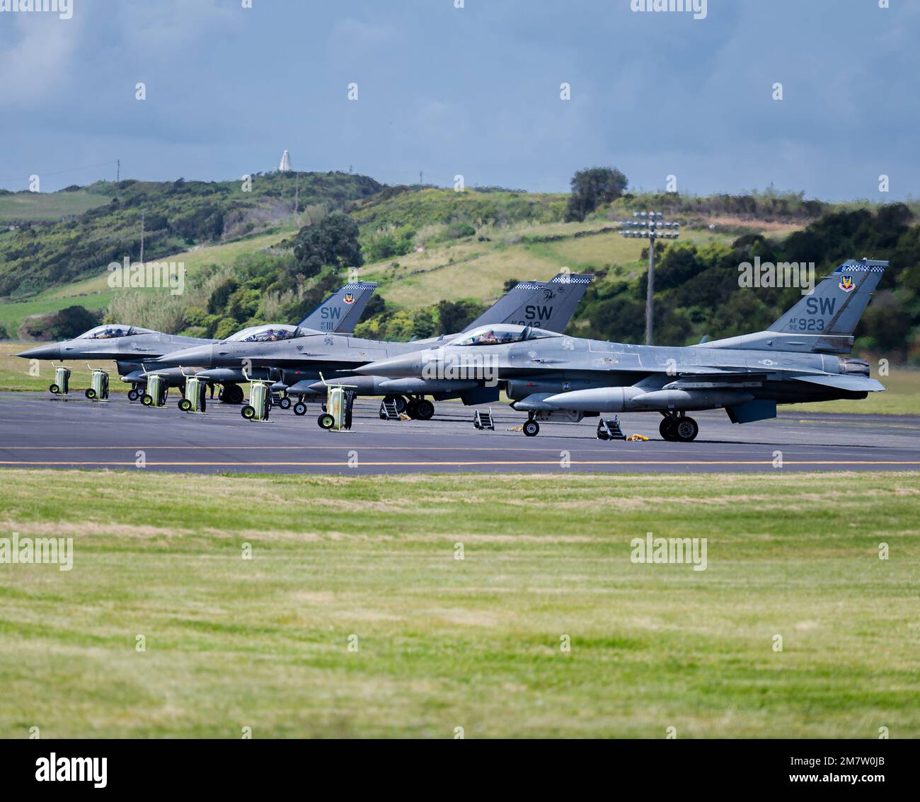 Four U.S. Air Force F16 Fighting Falcon aircraft assigned to the 55th