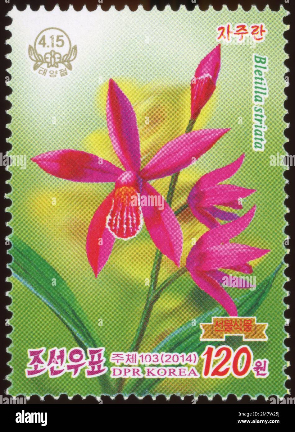 2014 North Korea stamp set. Orchids as gifts for Kim Il Sung. Birthday serie. Bletilla striata, hyacinth orchid, Chinese ground orchid Stock Photo