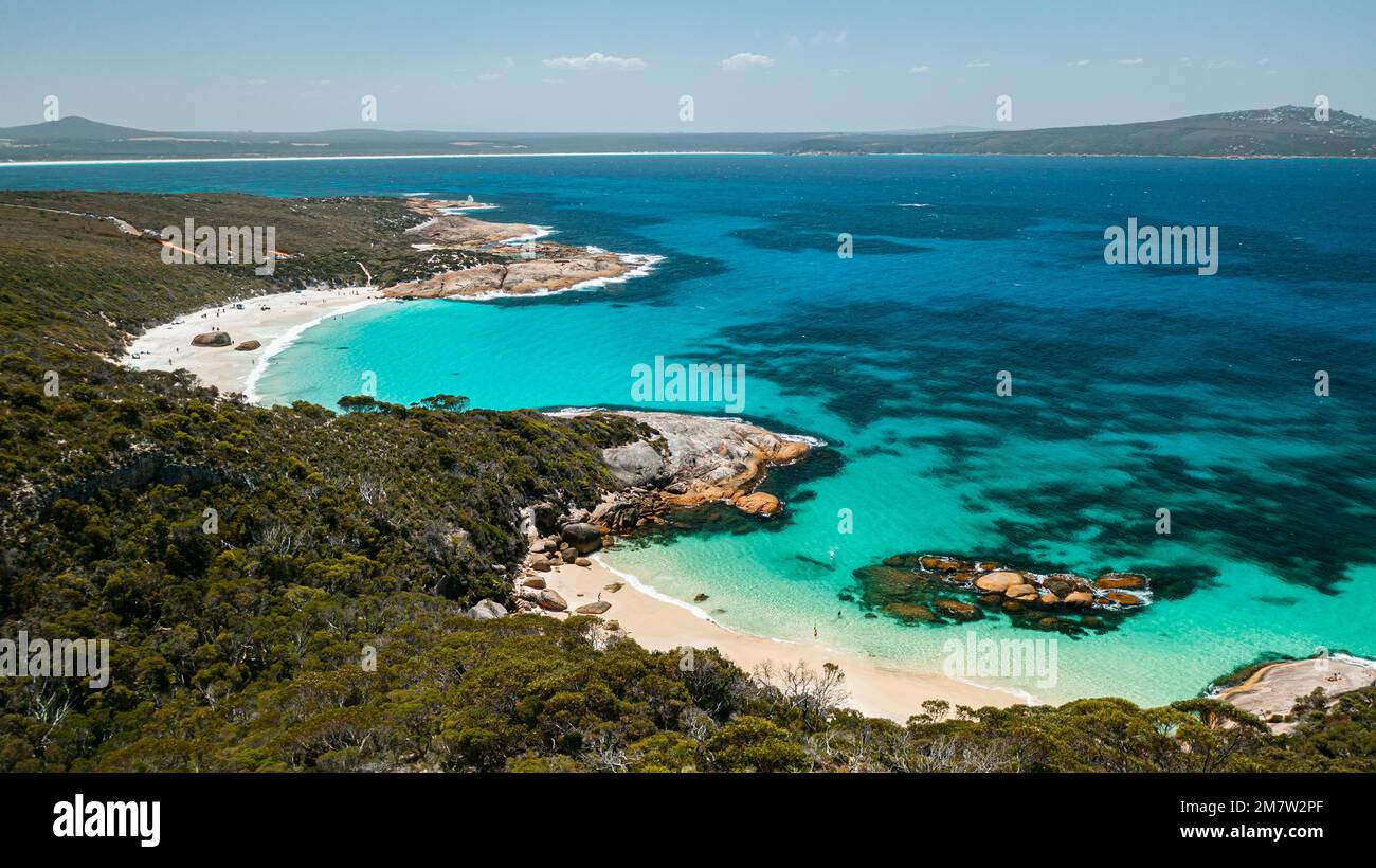 Aerial image of beautiful turquoise water at two peoples bay, Albany, Western Australia Stock Photo