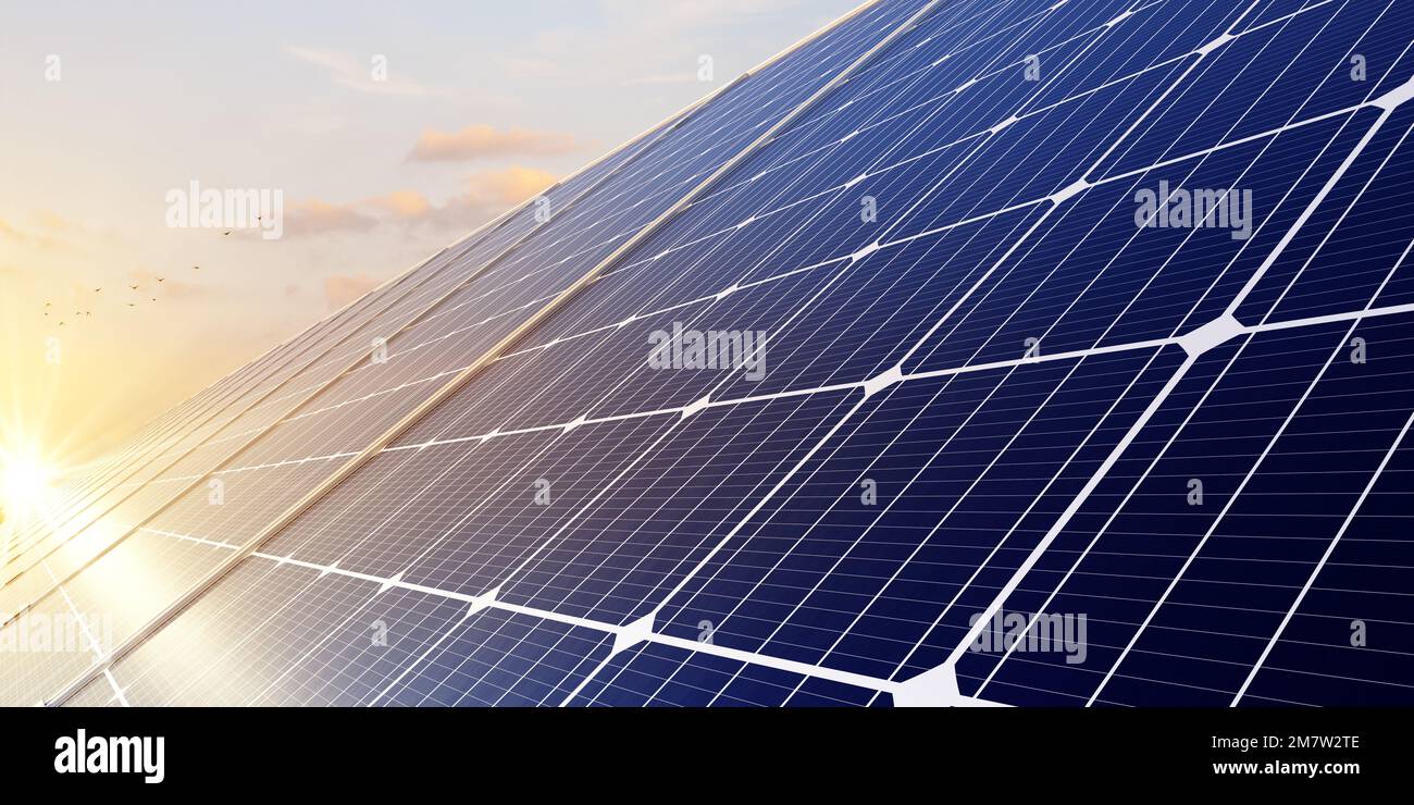 Solar panels reflect sparkling morning sunlight, Clean energy, and good environment. 3 D