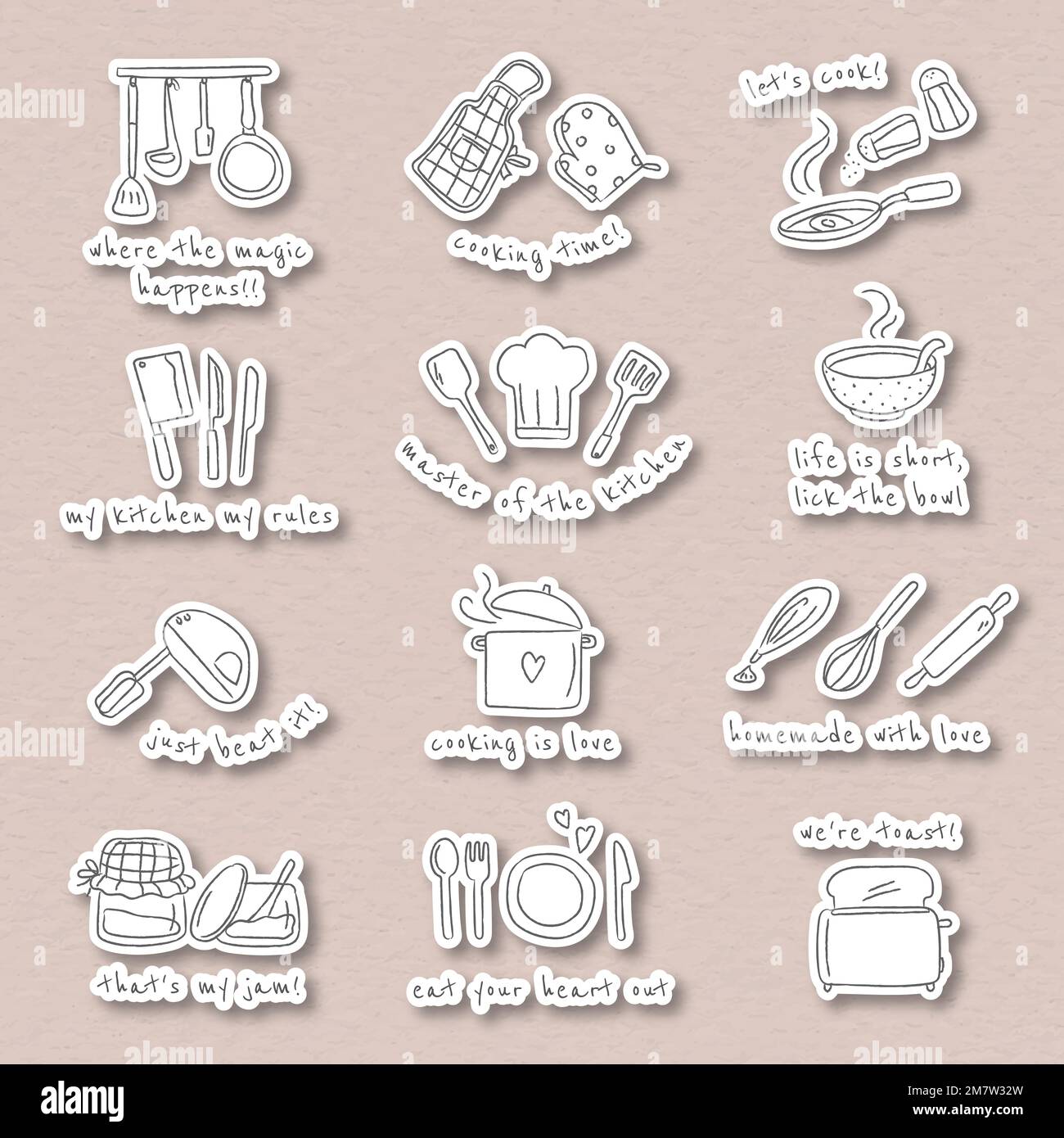Cute kitchen utensils doodle sticker set vector Stock Vector Image