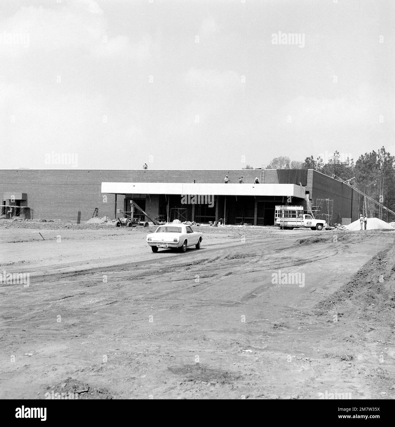 Progress photo showing a right front view of the new commissary store