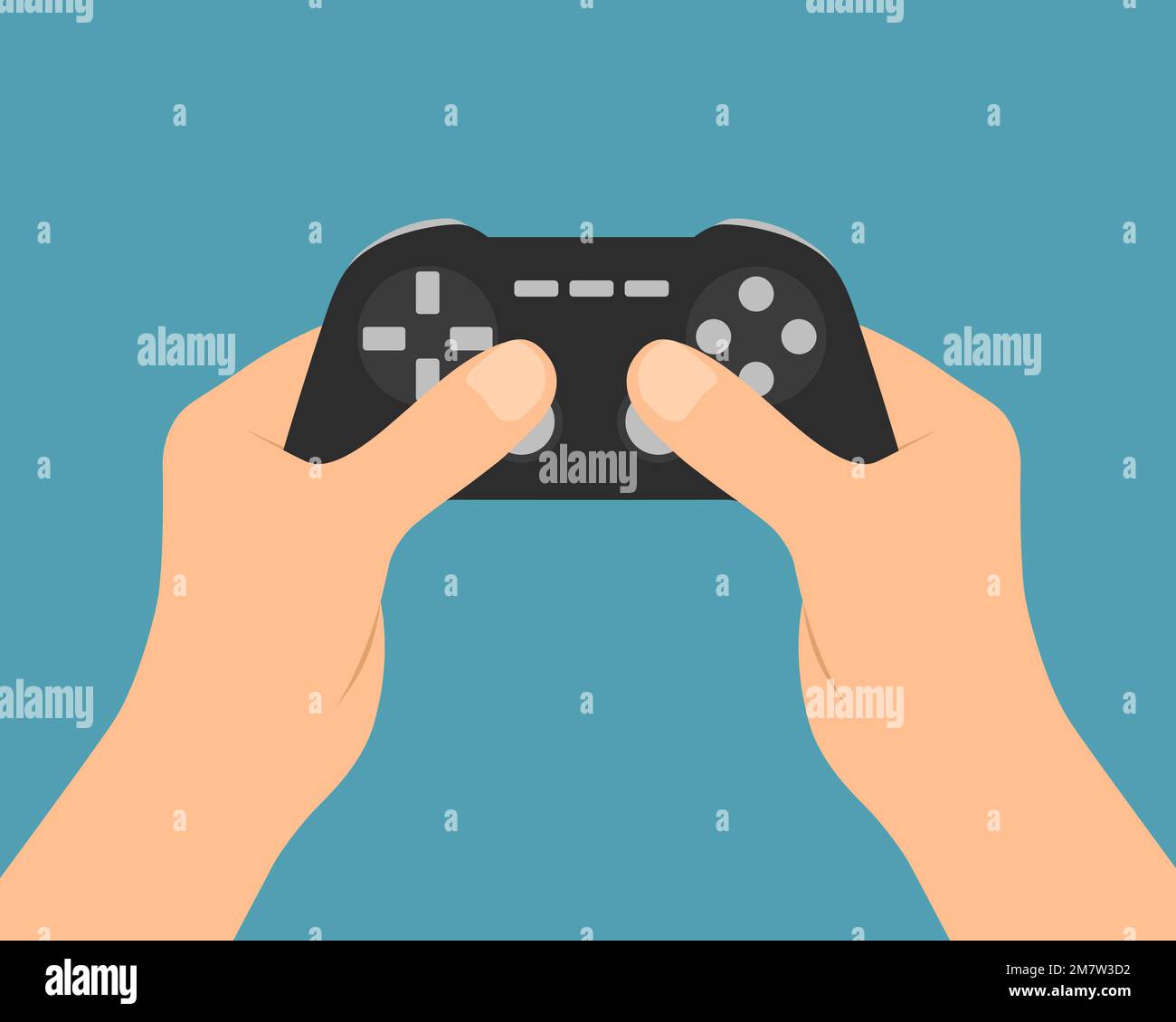 Male hands holding gamepad controller and playing video game - vector on green background Stock Vector