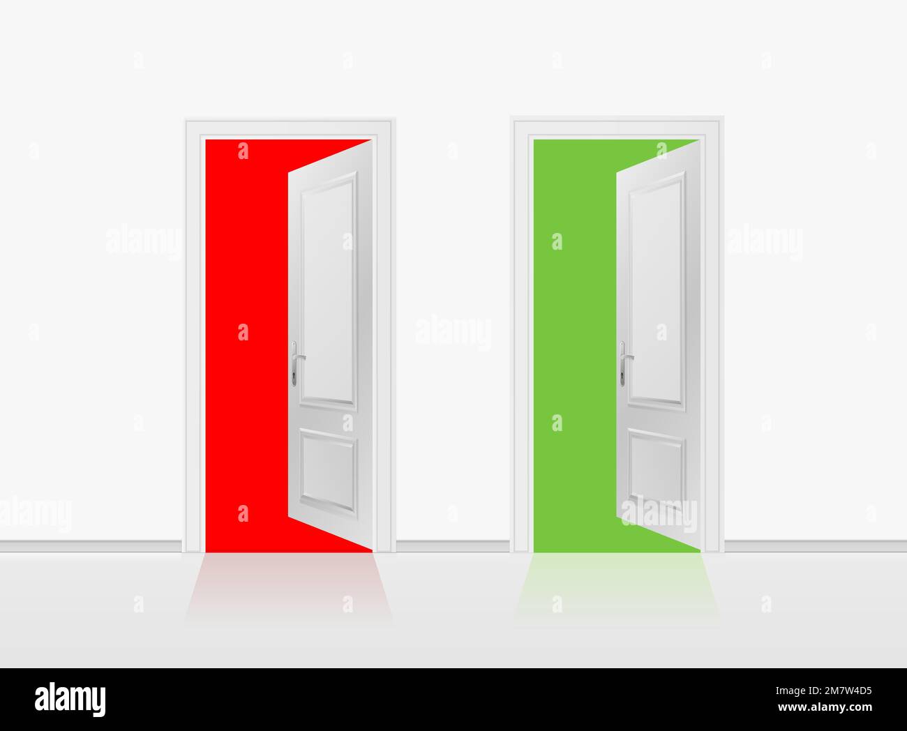 Two open doors on the gray wall background. Vector illustration. Stock Vector