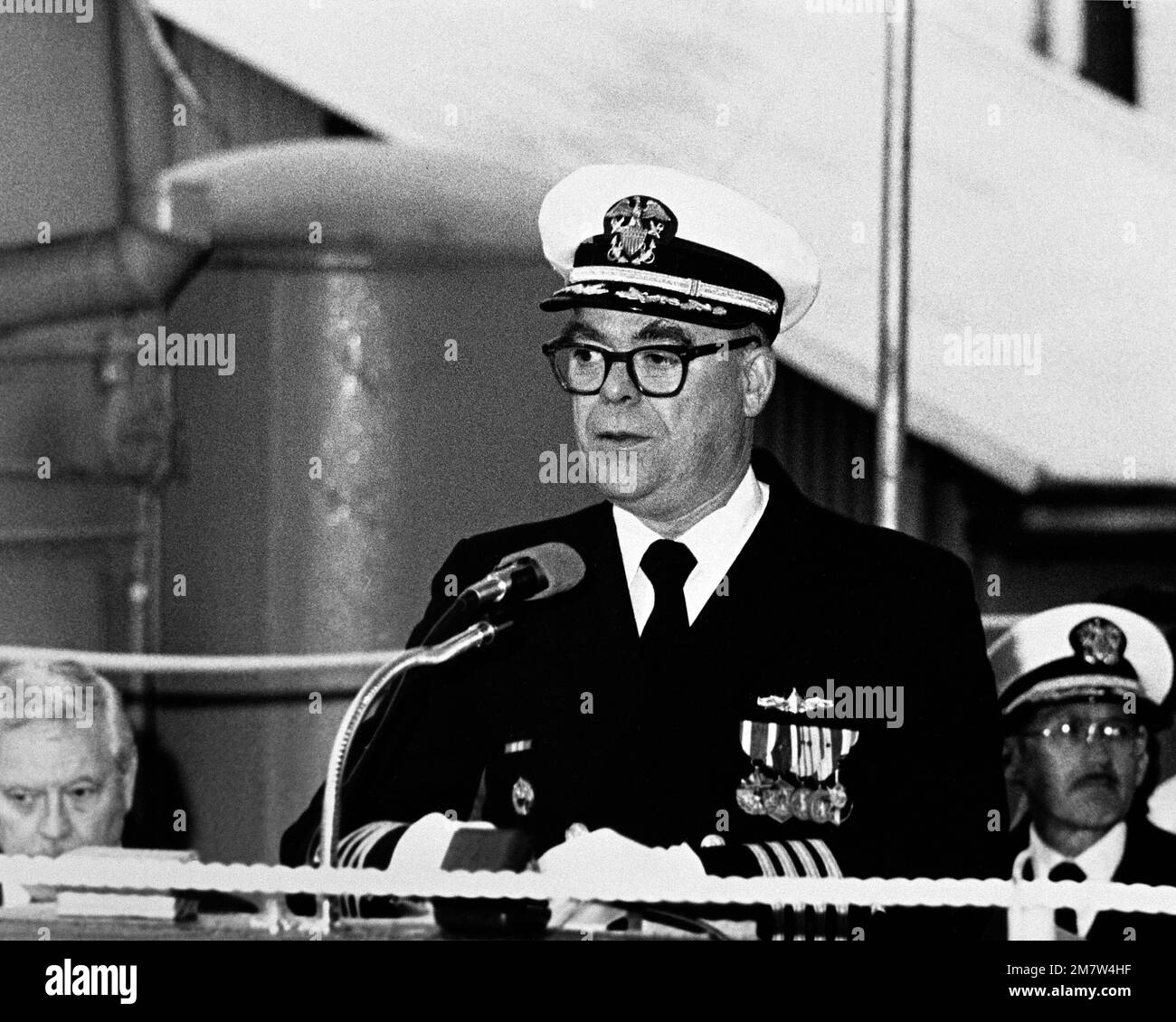 Rear Admiral Thomas M. Ward Jr., representative of Naval Sea Systems Command, speaks during the launching ceremony for the Australian frigate DARWIN (F-04) taking place at Todd Pacific Shipyards Corporation. Base: Seattle State: Washington (WA) Country: United States Of America (USA) Stock Photo