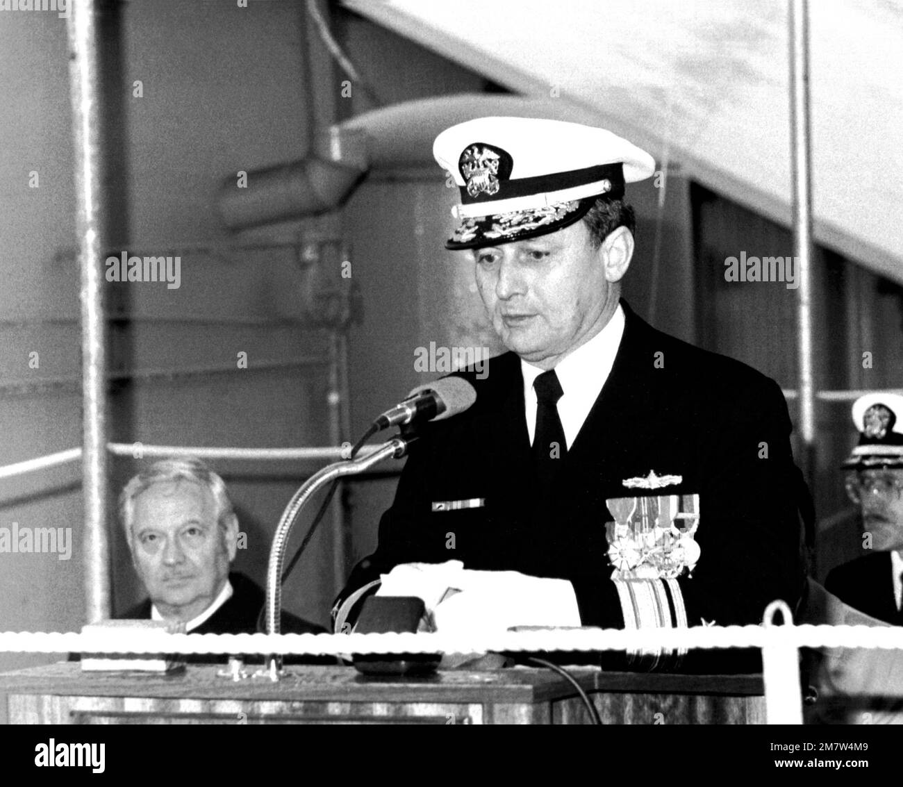 Naval Sea Systems Command representative RADM Thomas M. Ward Jr., speaks during the launching ceremony for the Australian guided missile frigate HMAS DARWIN (FFG-44). Base: Seattle State: Washington (WA) Country: United States Of America (USA) Stock Photo