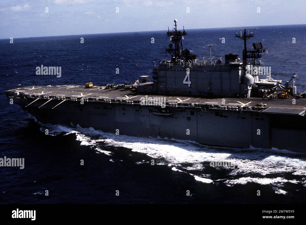 A port view of the superstructure of the amphibious assault ship USS ...