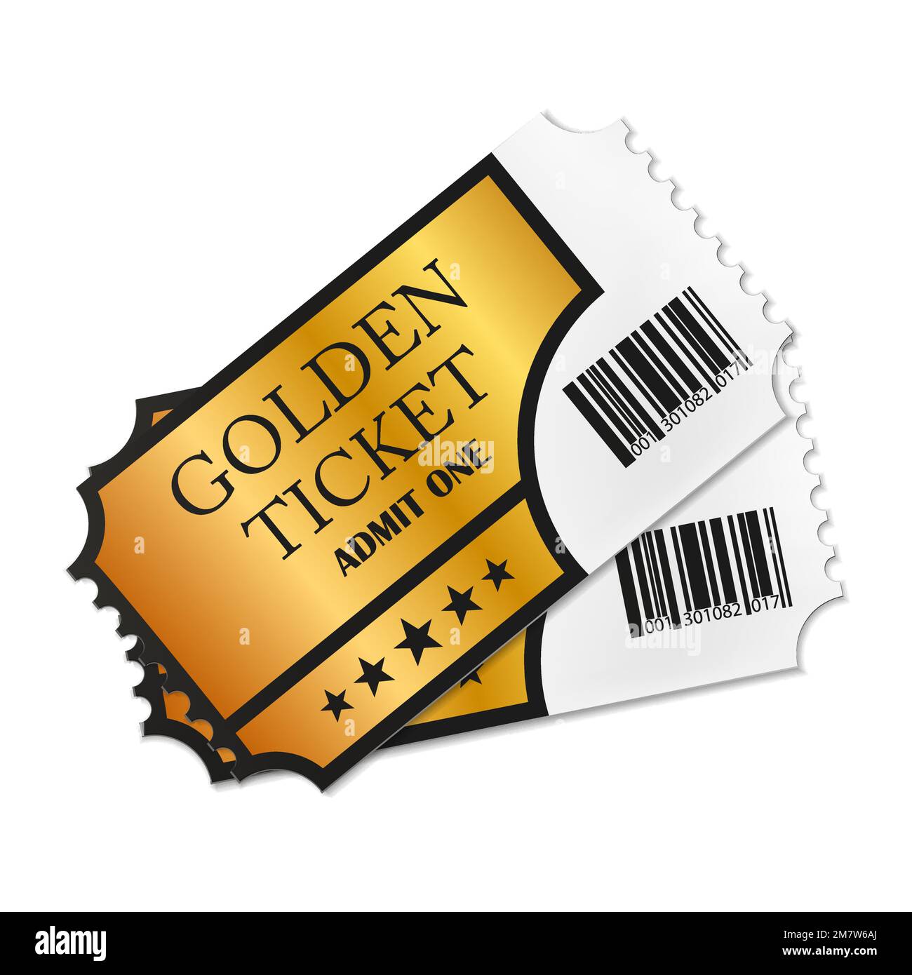 Two designed retro Golden Tickets close up top view isolated on white ...