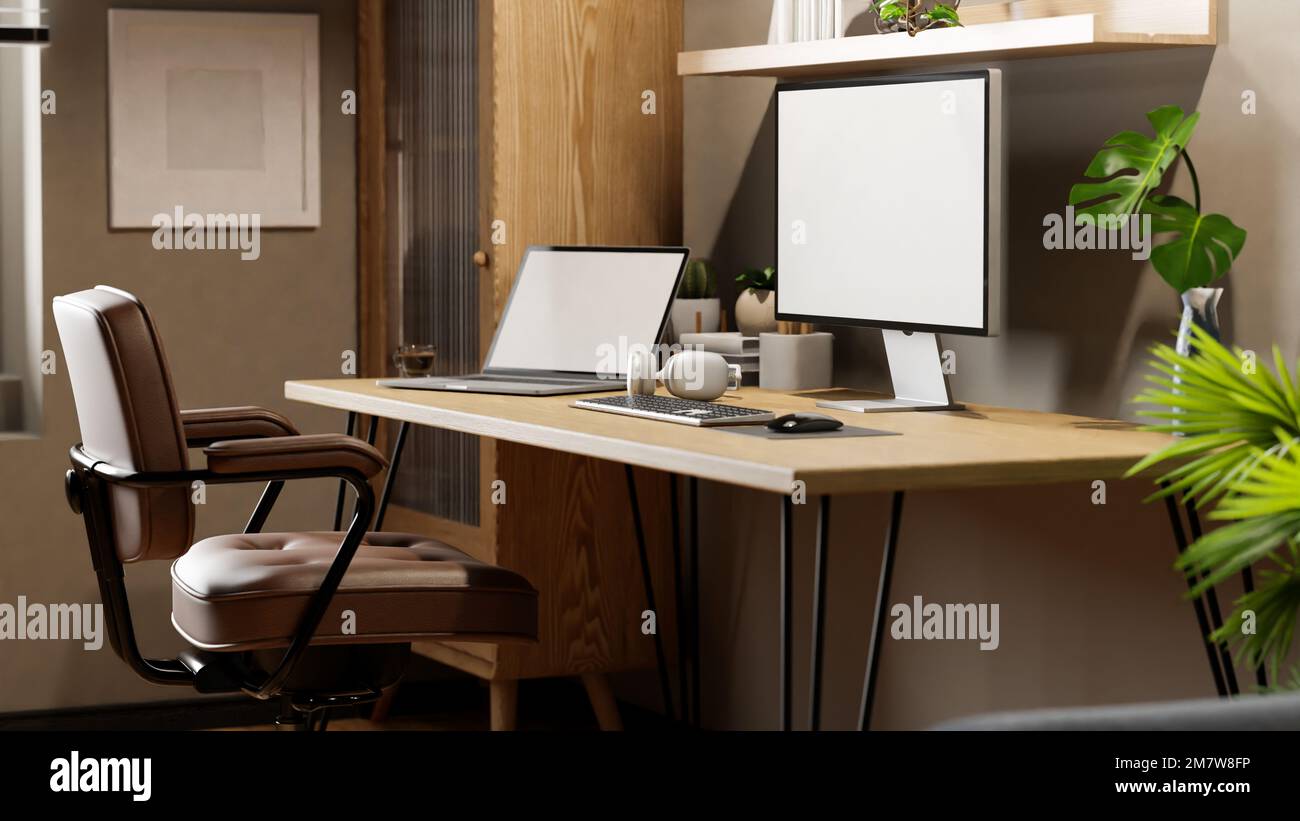 side view of a modern contemporary home office workspace with PC